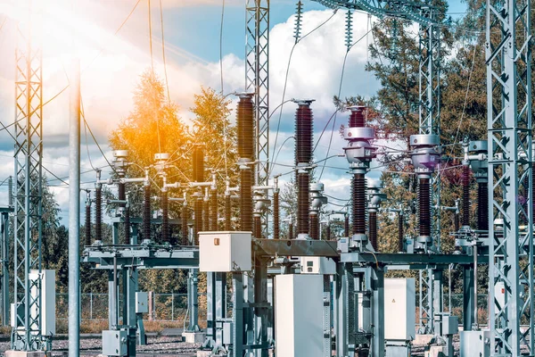 High voltage power transformer substation. Part of high-voltage substation with switches and disconnectors