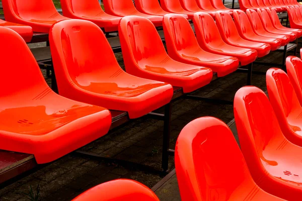 Red Stadium Seats Empty Red Plastic Chairs Sports Ground — Stock Photo, Image