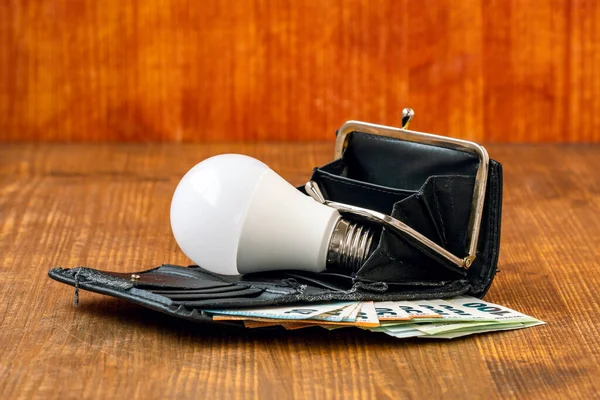 Light bulb with money in a wallet. Concept of the price of light. Spending more money for electricity.