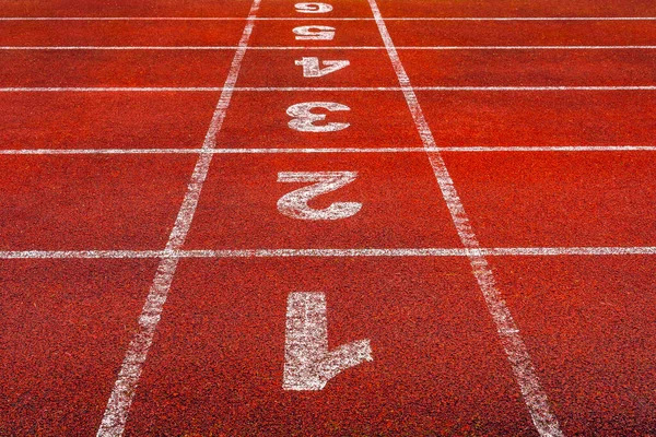 Puntos Inicio Con Números Uno Seis Pista Atletismo Pista Atletismo — Foto de Stock