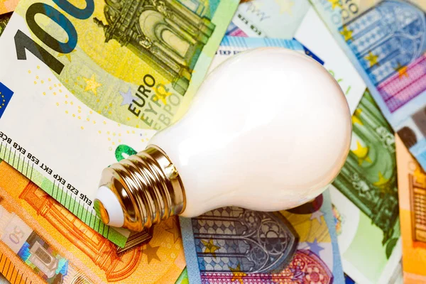 廉价Led灯泡躺在欧元钞票上 增加住宅客户和商业用户的电费 — 图库照片