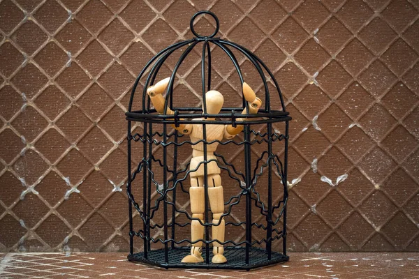 Man Trapped Prisoner Cage Wooden Mannequin Birdcage Depression Despair Violence — Stock Photo, Image