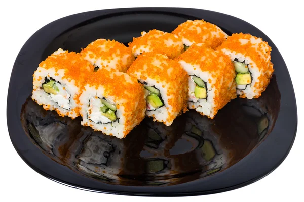 Maki sushi med räkor, räkor och kaviar "tobiko". — Stockfoto