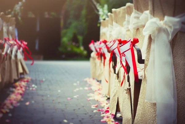 Fila de cadeiras decoradas para um casamento — Fotografia de Stock