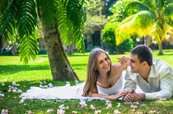 Novia y novio acostados sobre hierba verde — Foto de Stock