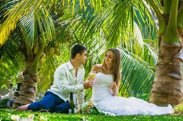 Bruid en bruidegom drinken champagne — Stockfoto