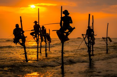 sri Lanka günbatımında balıkçıların geleneksel Silhouettes