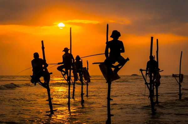 A hagyományos halászok napnyugtakor a Srí Lanka-i sziluettek — Stock Fotó