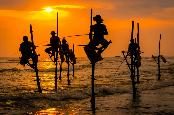 Silhuetas dos pescadores tradicionais ao pôr do sol no Sri Lanka — Fotografia de Stock