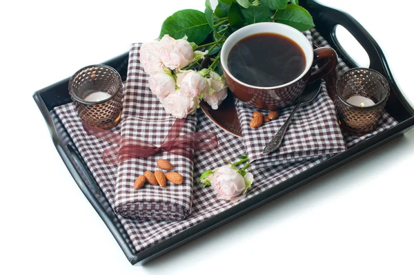 Coffee and roses on a tray — Stock Photo, Image