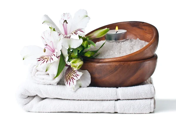 Resources for spa, white towel and flower — Stock Photo, Image