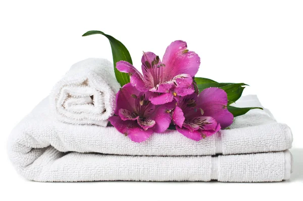 Zasoby dla spa, biały ręcznik i kwiat — Zdjęcie stockowe