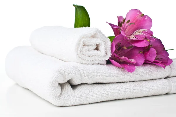 Resurser för spa, vit handduk och blomma — Stockfoto