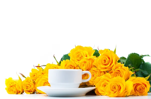 Yellow roses and white coffee cup — Stock Photo, Image