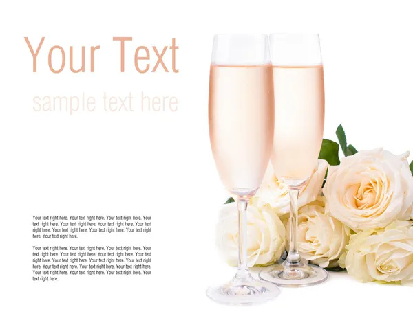 Champagne and a bouquet of roses, ready template — Stock Photo, Image