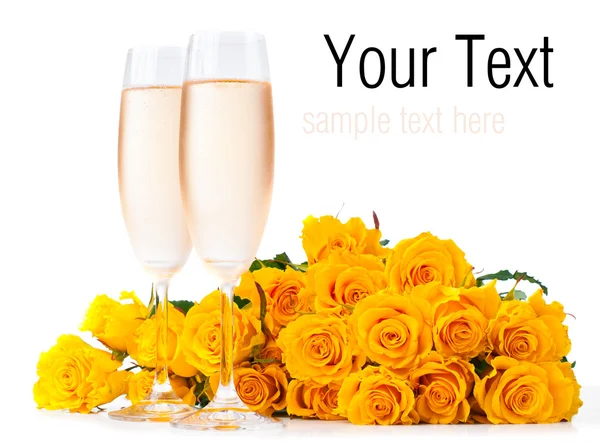 Champagne and a bouquet of roses, ready template — Stockfoto