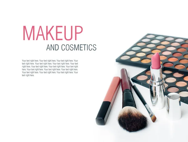 Colorful eyeshadows, lipstick and makeup brushes — Stock Photo, Image