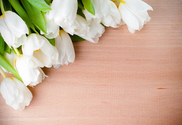 Tulipanes blancos en una tabla de madera — Foto de Stock