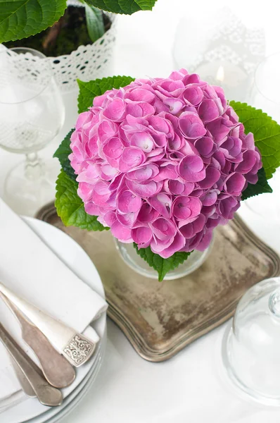 Pink hydrangeas and vintage cutlery — Stock Photo, Image