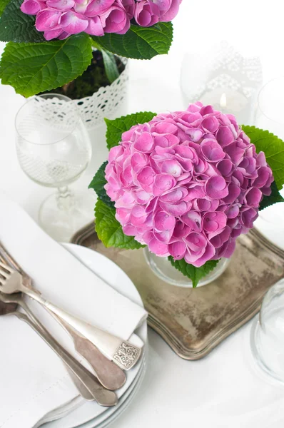 Pink hydrangeas and vintage cutlery — Stock Photo, Image