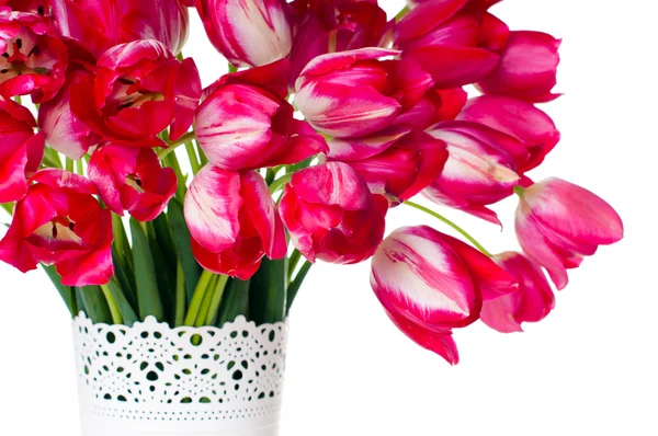Jasny różowy tulipany w wazonie biały — Zdjęcie stockowe