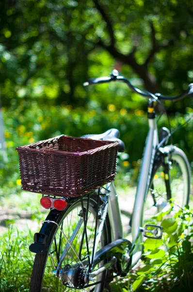 Elegante bicicleta de ciudad para mujer con cesta — Foto de Stock