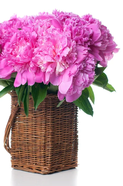 粉色牡丹柳条篮中的花束 — 图库照片