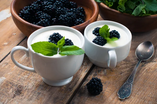 Duas xícaras de iogurte cremoso com amoras — Fotografia de Stock