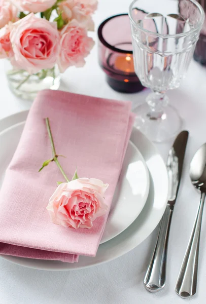 Beautiful festive table setting with roses — Stock Photo, Image