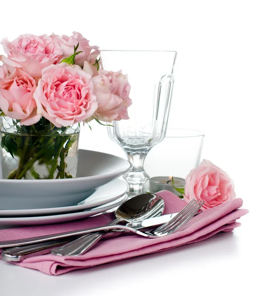 Festive table setting with pink roses — Stock Photo, Image