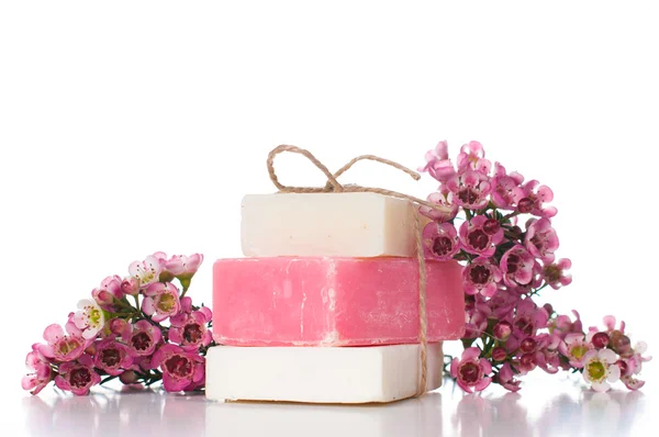 Handmade soap and cherry blossoms — Stock Photo, Image
