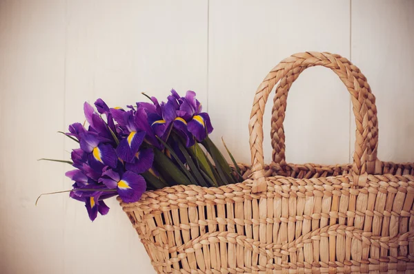 Cesta de vime com flores de primavera — Fotografia de Stock