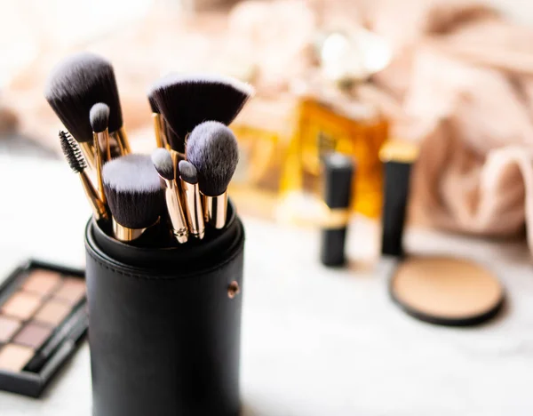 Set de lujosos cepillos de maquillaje negro en estuche de cuero — Foto de Stock