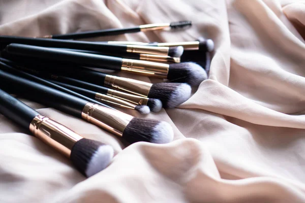 Set van luxe zwarte make-up borstels op beige zijde stof — Stockfoto