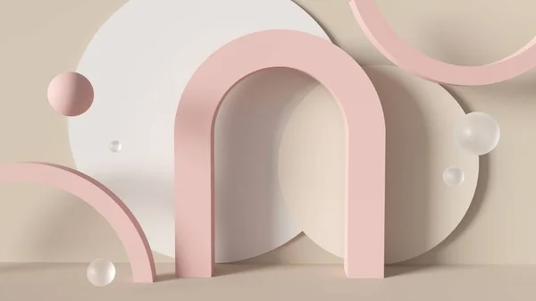Модный абстрактный 3D рендеринг бежевого и розового фона с аркой и сферами — стоковое фото