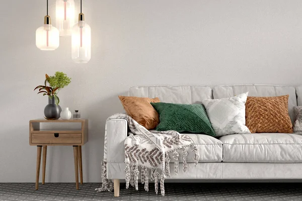 Kanepe, gün ışığı ve dekoratif eşyalarla dolu rahat bir ev.