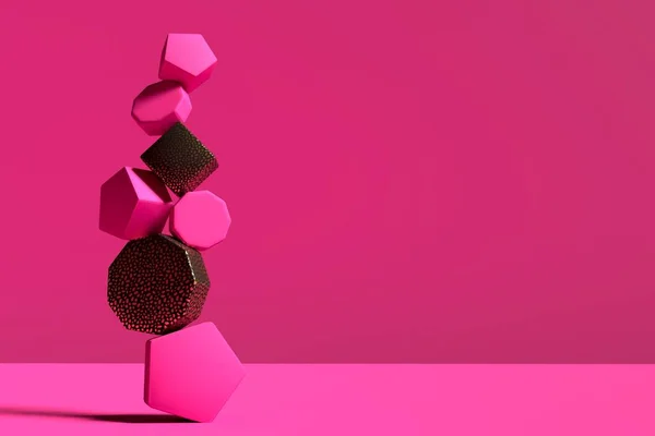 Abstract 3D render design ready template with minimalistic pink objects on dark background