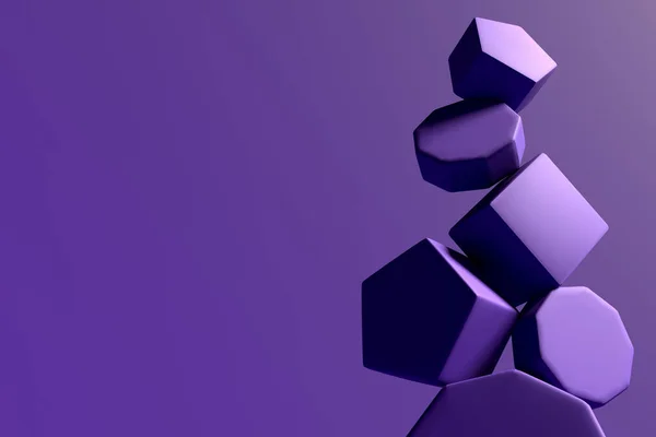 Abstract 3D render design ready template with minimalistic purple objects on dark background