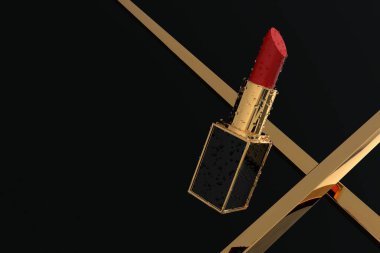 Soyut arkaplanda su damlaları olan yeni kırmızı ruj tüpü, makyaj ürünü modeli, 3D görüntüleme