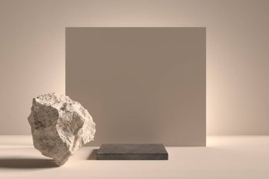 Doğal taş ve podyum ile soyut bej arkaplan, 3D hazırlama tasarımı