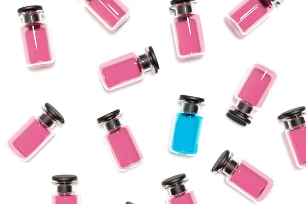 Glass Bottles Pink Blue Liquid Content Black Rubber Plug White — Stock Photo, Image