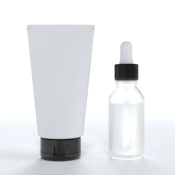 Cosmetic Cream Tube Serum Bottle Render White Background Product Packaging — Stockfoto