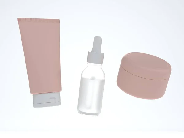 Cosmetic Cream Tube Jar Lid Serum Bottle Render White Background — Foto Stock