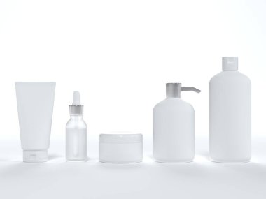 Kozmetik krem tüpü, kapaklı kavanoz, sıvı sabun ve şampuan, beyaz arka planda 3 boyutlu serum şişesi, farklı ürün ambalajları, temiz tasarım kutuları