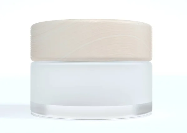 Frosted Glass Cosmetic Cream Jar Wooden Lid Beauty Care Product — Stock Photo, Image