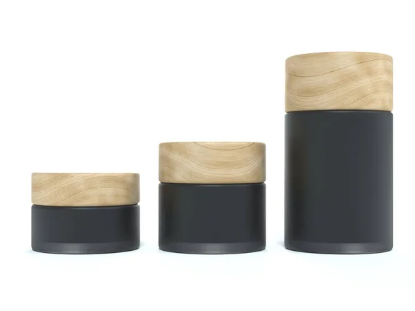 Set Three Black Cosmetic Cream Jars Wooden Lids Beauty Care — 图库照片