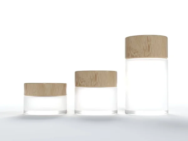 Set Three White Cosmetic Cream Jars Wooden Lids Beauty Care — 图库照片