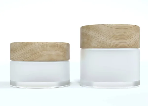 Set Glass Cosmetic Cream Jars Wooden Lids Beauty Care Product — 图库照片