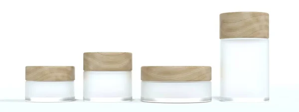 Set Glass Cosmetic Cream Jars Wooden Lids Beauty Care Product — Stockfoto