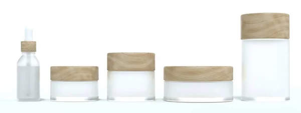 Set Five Different Glass Cosmetic Cream Jars Bottles Wooden Lids — Stockfoto